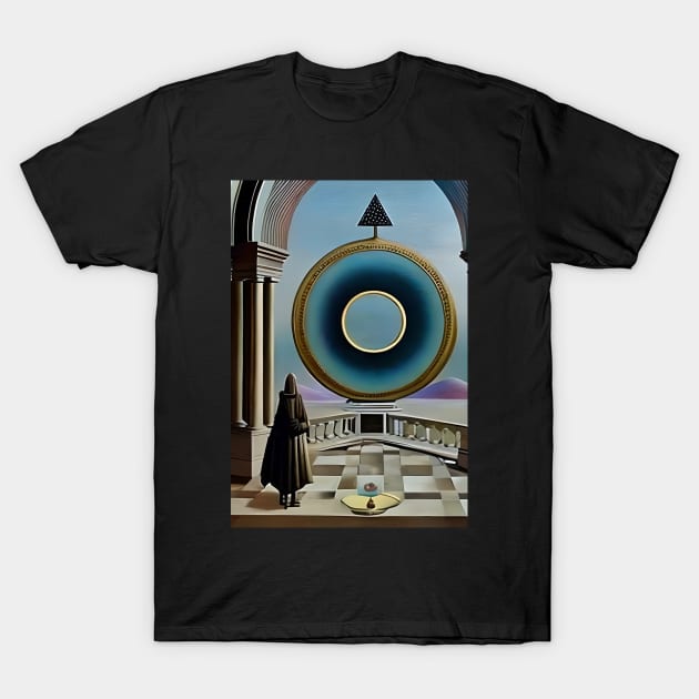 Surrealist painting like digital art of a Wizard in a balcony looking out at the Monad of creation T-Shirt by hclara23